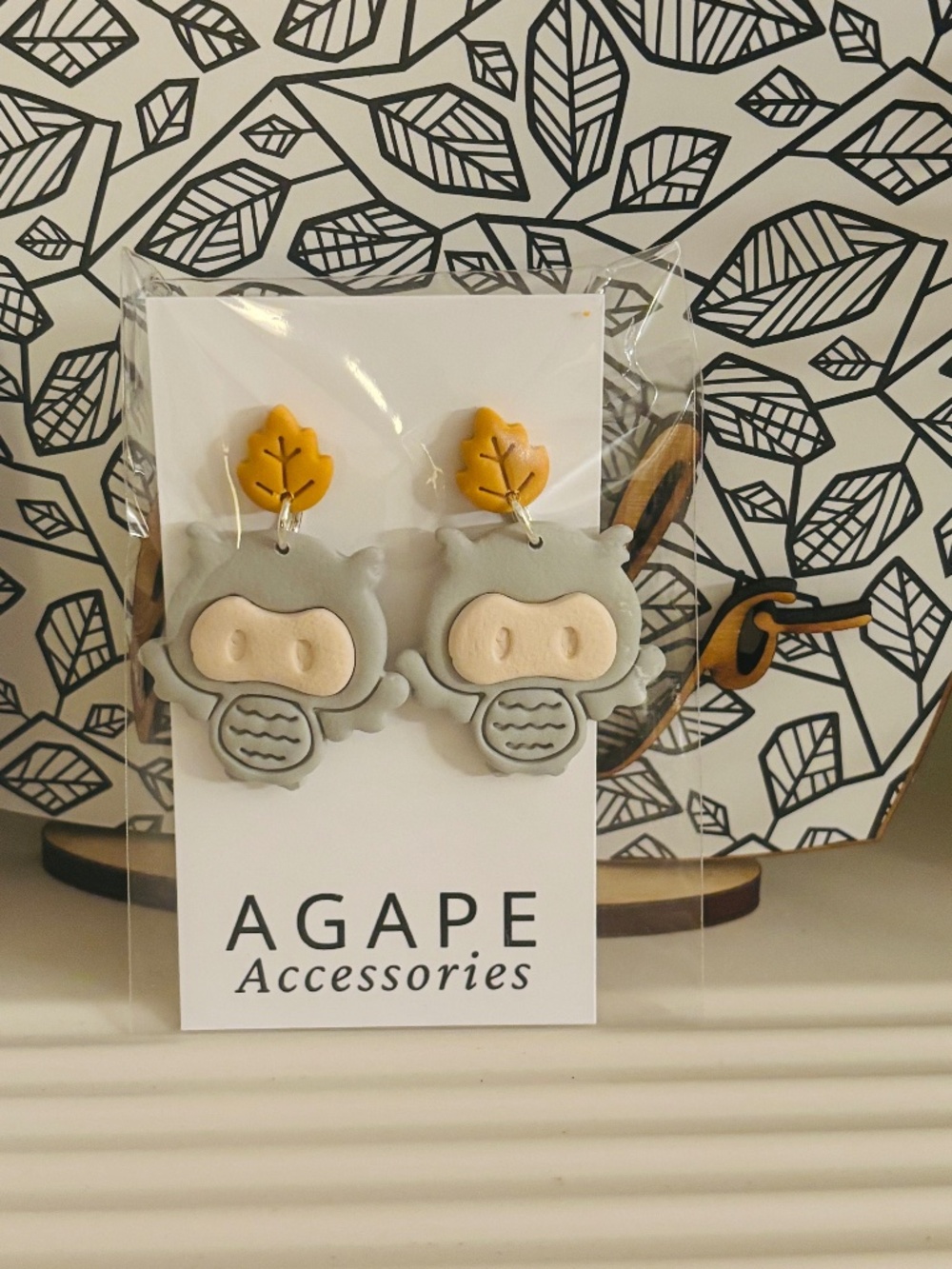 Polymer Clay Gray Owl Earrings with Yellow Leaf